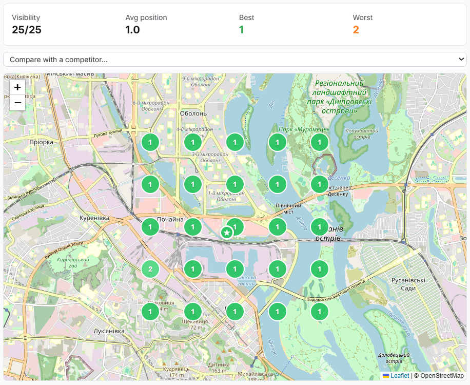 GeoRank Tracker: сітка позицій у Google Maps по районах міста, видимість 25 з 25